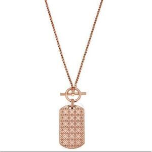 Michael Kors Dog Tag Necklace Rose Gold Rhinestones 22"‎ Chain NWOT Pendant